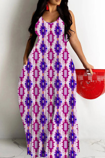 Purple Sexy Geometric Print Pocket Contrast O Neck Printed Dresses
