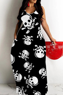 Black And White Sexy Skull Head Striped Print Pocket Contrast O Neck Printed Dresses