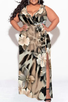Light Khaki Casual Floral Print Lace Up Slit V Neck Printed Plus Size Dresses