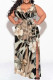 Light Khaki Casual Floral Print Lace Up Slit V Neck Printed Plus Size Dresses