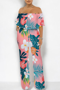 Pink Sexy Floral Print Flounce Contrast Off Shoulder Loose Jumpsuits