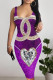 Purple Sexy Letter Print Flowers Contrast U Neck Printed Dresses