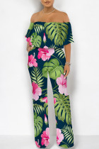 Tibetan Blue Sexy Floral Print Flounce Contrast Off Shoulder Loose Jumpsuits