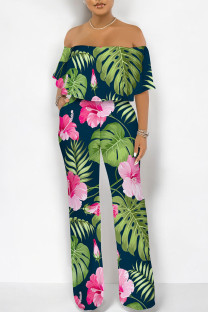 Tibetan Blue Sexy Floral Print Flounce Contrast Off Shoulder Loose Jumpsuits
