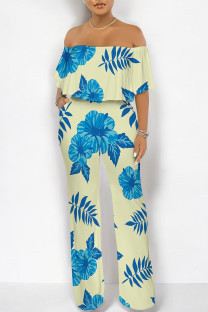 Light Yellow Sexy Floral Print Flounce Contrast Off Shoulder Loose Jumpsuits
