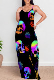 Blue Sexy Skull Head Striped Print Pocket Contrast O Neck Printed Dresses