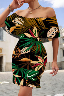 Black Sexy Floral Print Flounce Contrast Off Shoulder Printed Dresses