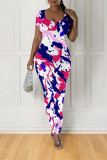 Grass Green Casual Geometric Print Contrast O Neck One Step Skirt Dresses