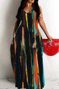 Black Sexy Geometric Print Pocket Contrast O Neck Printed Dresses