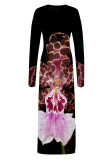 Black Elegant Flowers Print Contrast O Neck Printed Dresses