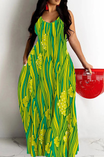 Green Sexy Geometric Print Pocket Contrast O Neck Printed Dresses