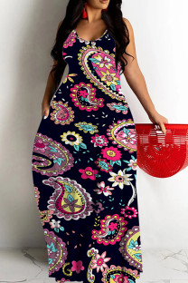 Black Sexy National Totem Print Pocket Contrast O Neck Long Dresses