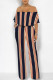 Navy Blue Sexy Striped Print Pocket Flounce Contrast Off Shoulder Jumpsuits