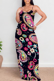 Multicolor Sexy National Totem Print Pocket Contrast O Neck Long Dresses