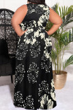 Light Green Casual Floral Print Lace Up Slit V Neck Printed Plus Size Dresses