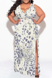Light Green Casual Floral Print Lace Up Slit V Neck Printed Plus Size Dresses