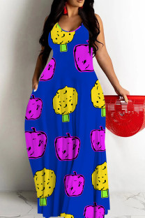 Deep Blue Casual Graffiti Print Pocket Contrast O Neck Printed Dresses