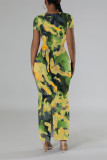 Grass Green Casual Geometric Print Contrast O Neck One Step Skirt Dresses