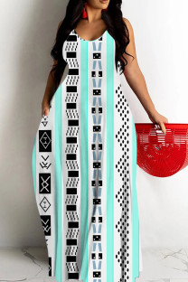 Blue White Sexy Geometric Print Pocket Contrast O Neck Printed Dresses