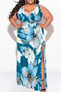 Blue Casual Floral Print Lace Up Slit V Neck Printed Plus Size Dresses