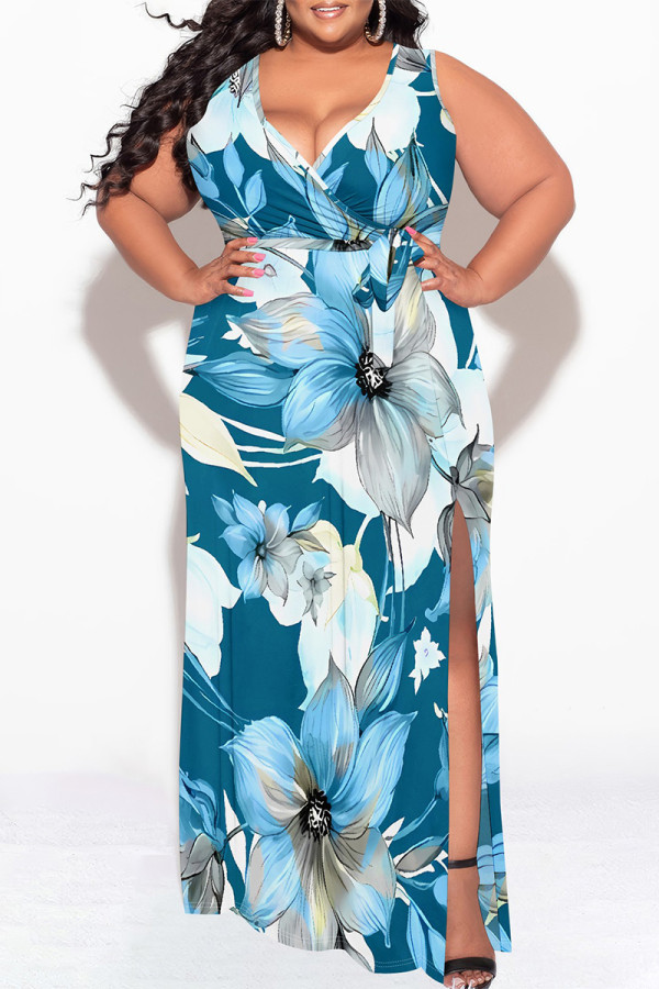 Blue Casual Floral Print Lace Up Slit V Neck Printed Plus Size Dresses