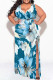 Blue Casual Floral Print Lace Up Slit V Neck Printed Plus Size Dresses