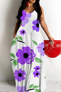 White Purple Casual Graffiti Print Pocket Contrast O Neck Printed Dresses