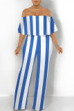 Blue White Sexy Striped Print Pocket Flounce Contrast Off Shoulder Jumpsuits