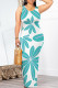 Turquoise Casual Geometric Print Backless Contrast O Neck One Step Skirt Dresses