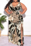 Light Green Casual Floral Print Lace Up Slit V Neck Printed Plus Size Dresses