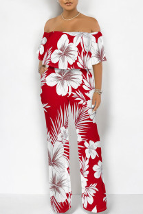 Red Sexy Floral Print Flounce Contrast Off Shoulder Loose Jumpsuits