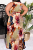 Light Green Casual Floral Print Lace Up Slit V Neck Printed Plus Size Dresses