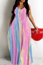 Pink Sexy Geometric Print Pocket Contrast O Neck Printed Dresses