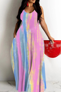 Pink Sexy Geometric Print Pocket Contrast O Neck Printed Dresses