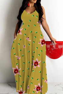Earth Yellow Casual Graffiti Print Pocket Contrast O Neck Printed Dresses