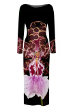 Black Elegant Flowers Print Contrast O Neck Printed Dresses