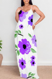 White Purple Casual Graffiti Print Pocket Contrast O Neck Printed Dresses