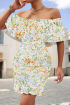 White Sexy Floral Print Flounce Contrast Off Shoulder Printed Dresses
