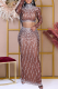 Brown Elegant Patchwork Slit Hot Drill O Neck Long Sleeve Two Pieces