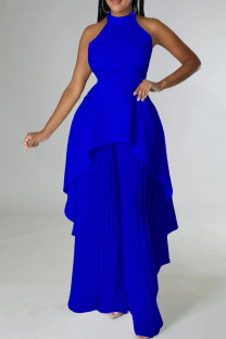 Blue Casual Solid Color Backless Ruched Irregular Halter Sleeveless Two Pieces