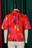 Red Casual Print Belted Tie Neck Tops