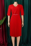 Yellow Casual Solid Color With Belt V Neck A Line Dresses