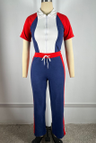 Tibetan Blue Casual Patchwork Zipper Contrast Turndown Collar Short Sleeve Two Pieces