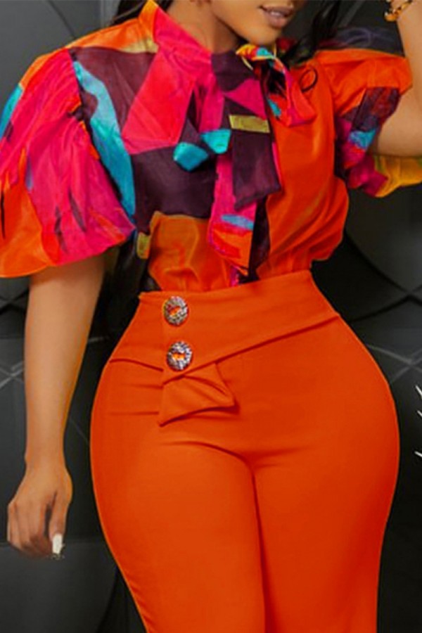 Red Casual Print Belted Tie Neck Tops