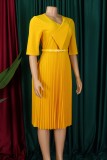 Yellow Casual Solid Color With Belt V Neck A Line Dresses
