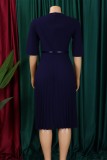 Yellow Casual Solid Color With Belt V Neck A Line Dresses