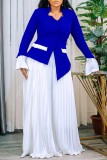 Blue Casual Solid Color Buttons Patchwork Contrast V Neck Long Sleeve Two Pieces