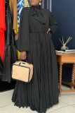 Black Casual Solid Color Strap Design Pleated O Neck Long Dresses