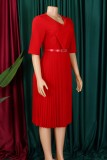 Yellow Casual Solid Color With Belt V Neck A Line Dresses