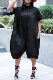 Black Casual Solid Color Buttons Turndown Collar Shirt Plus Size Dresses